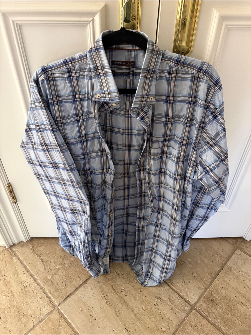 Peter Millar Light Blue and Navy Plaid Men's Button-Down Shirt